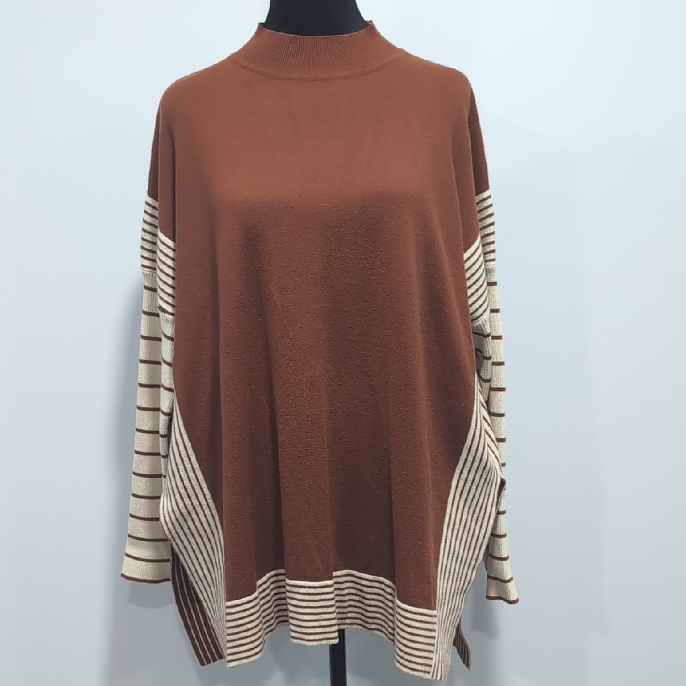 Daytrip Brown and Cream Striped Turtleneck Sweater